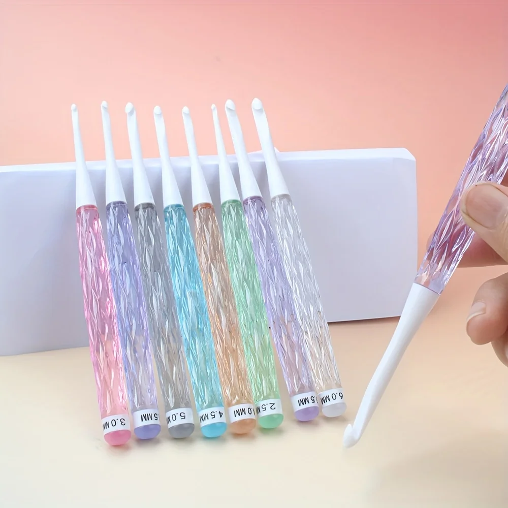 8pcs Colorful Transparent Plastic Crochet Hook Set 2.5-6mm Crystal Non-Slip Knitting Needles Kit DIY Crochet Tool for Beginners