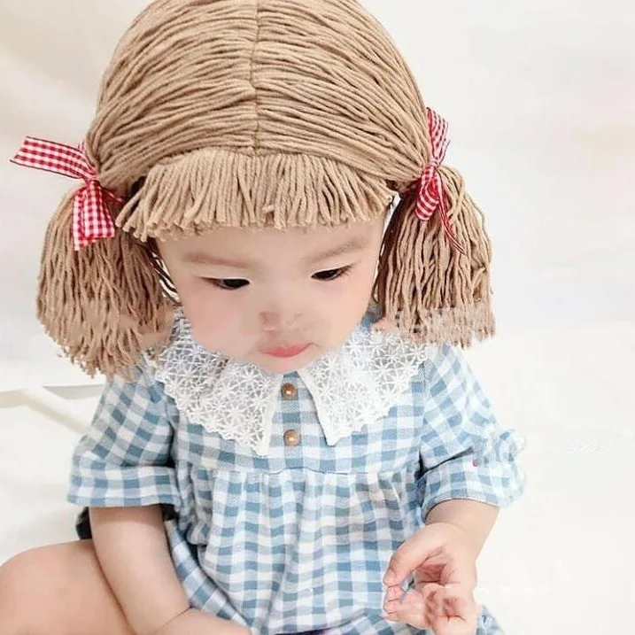 Cute Cosplay Kids Girl Hat Beanie Hair Pigtail Wig Cap Handmade Woolen Yarn Children Baby Hats and Caps Photography Props