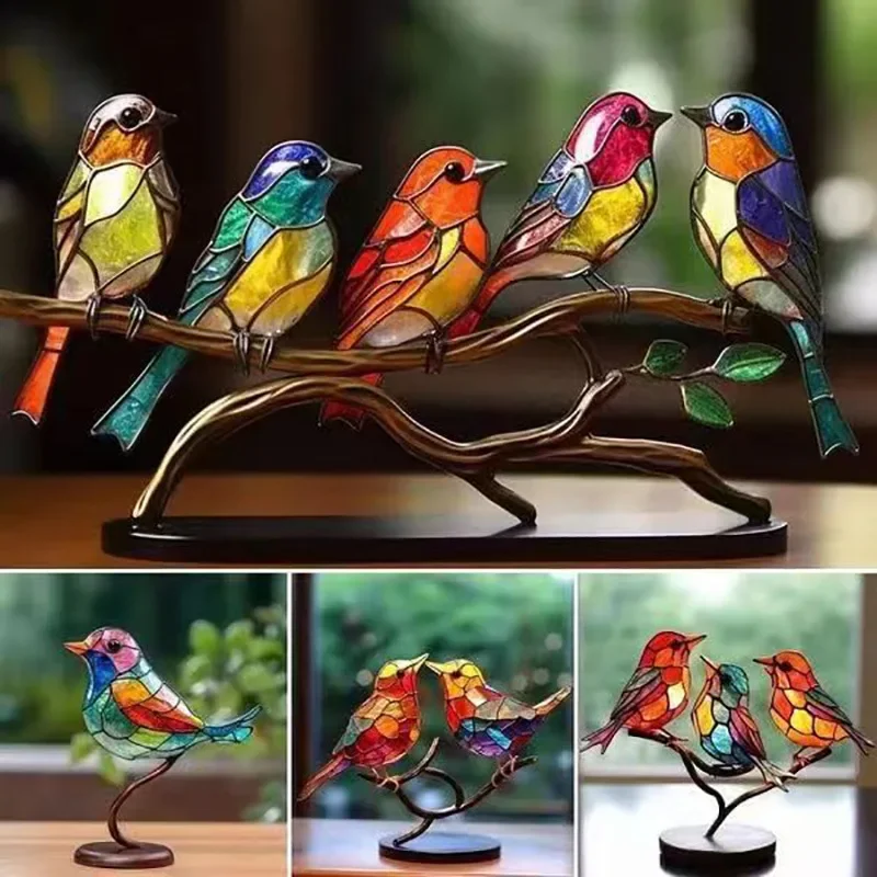 Multicolor Birds Stained Acrylic Birds on Branch Desktop Ornaments Double Sided Multicolor Style Craft Statue Ornaments