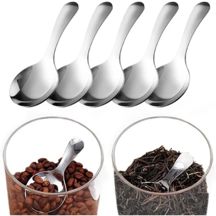 

5 Pack Short Handle Scoops - Silver Mini Scoops for Canisters - Stainless Steel Small Coffee Candy Scoop for Salt Sugar Tea Des