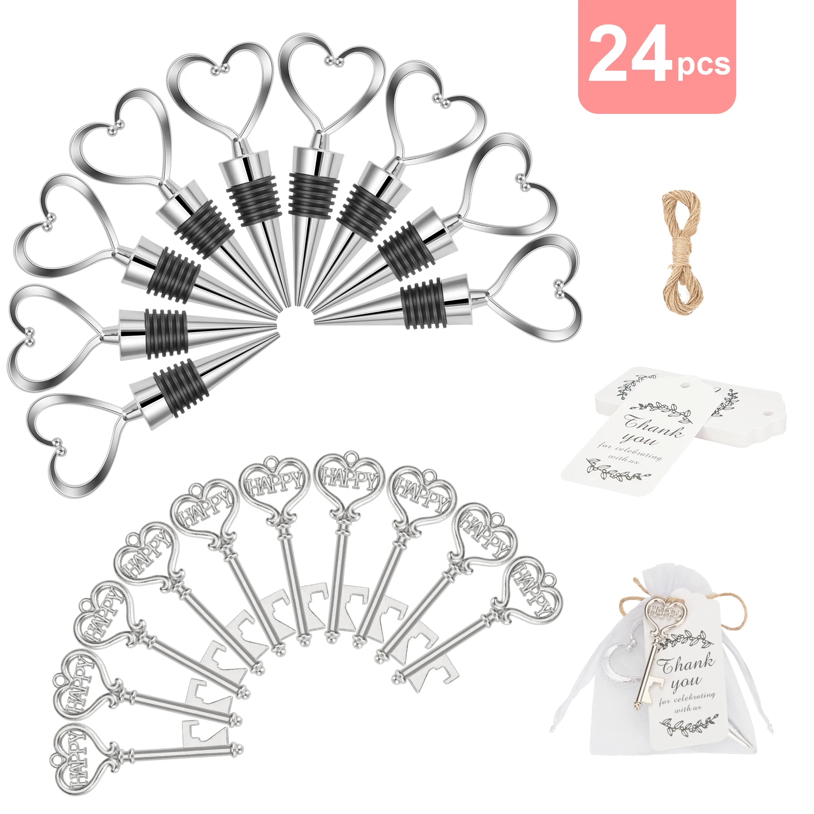 Ensemble de bouchons à vin en forme de cœur et d'ouvre-bouteilles - 24 pièces - Cadeaux de mariage pour les invités - Parfait pour les fêtes de la Saint-Valentin