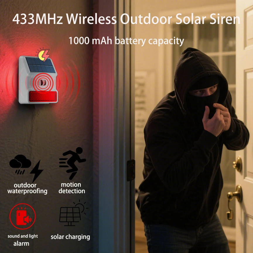 

Alarm Siren Wireless Outdoor Siren Solar Powered Strobe Sound LED Flash Waterproof for House Security, with GSM/WiFI