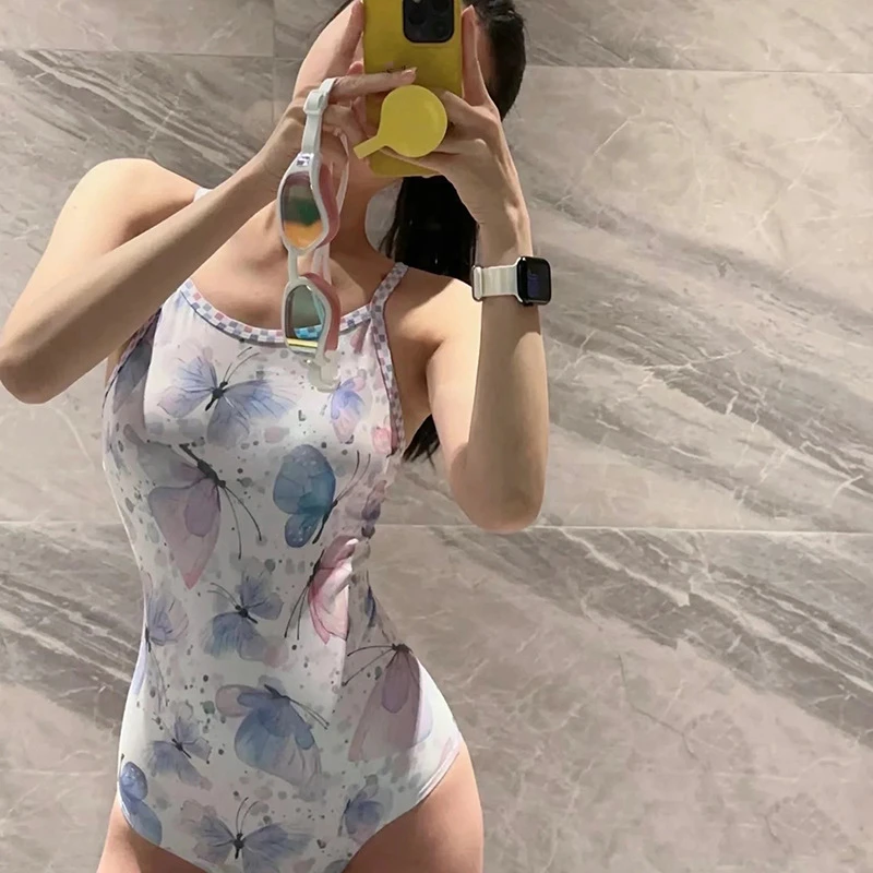 

2025 женский цельный купальник в корейском стиле с принтом бабочки, спортивная пляжная одежда, мягкий купальный костюм, монокини для бассейна, лето