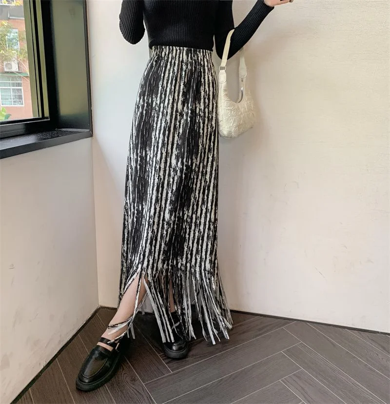 تنورة نسائية ريترو التعادل مصبوغ شرابة تنورة مرنة الإناث الخريف تصميم الشعور المتخصصة عالية الجودة تحسس عالية الخصر سليم ألين فستان