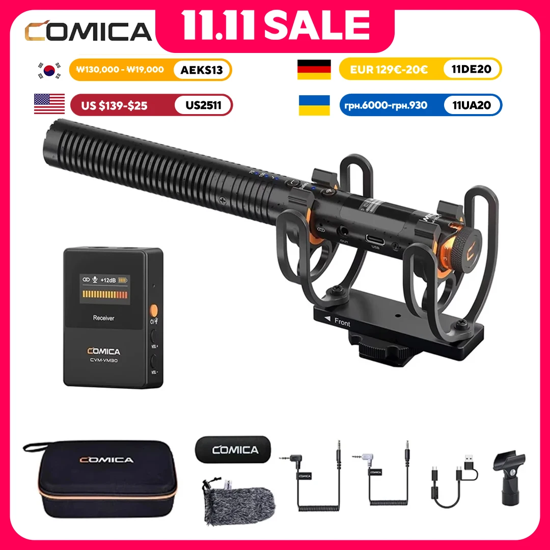 

COMICA VM30 2.4G Super Cardioid Condenser Wireless Microphone Shotgun Mic With Gain Control for Camera, Smartphone, Computer