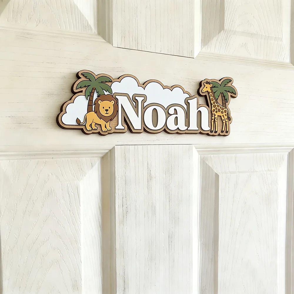 Whimsical Jungle Friends Custom Name Plaque, Cute Lion & Giraffe 3D Wooden Sign, Unisex Kids Room Decor, Tropical Safari Nursery view 3