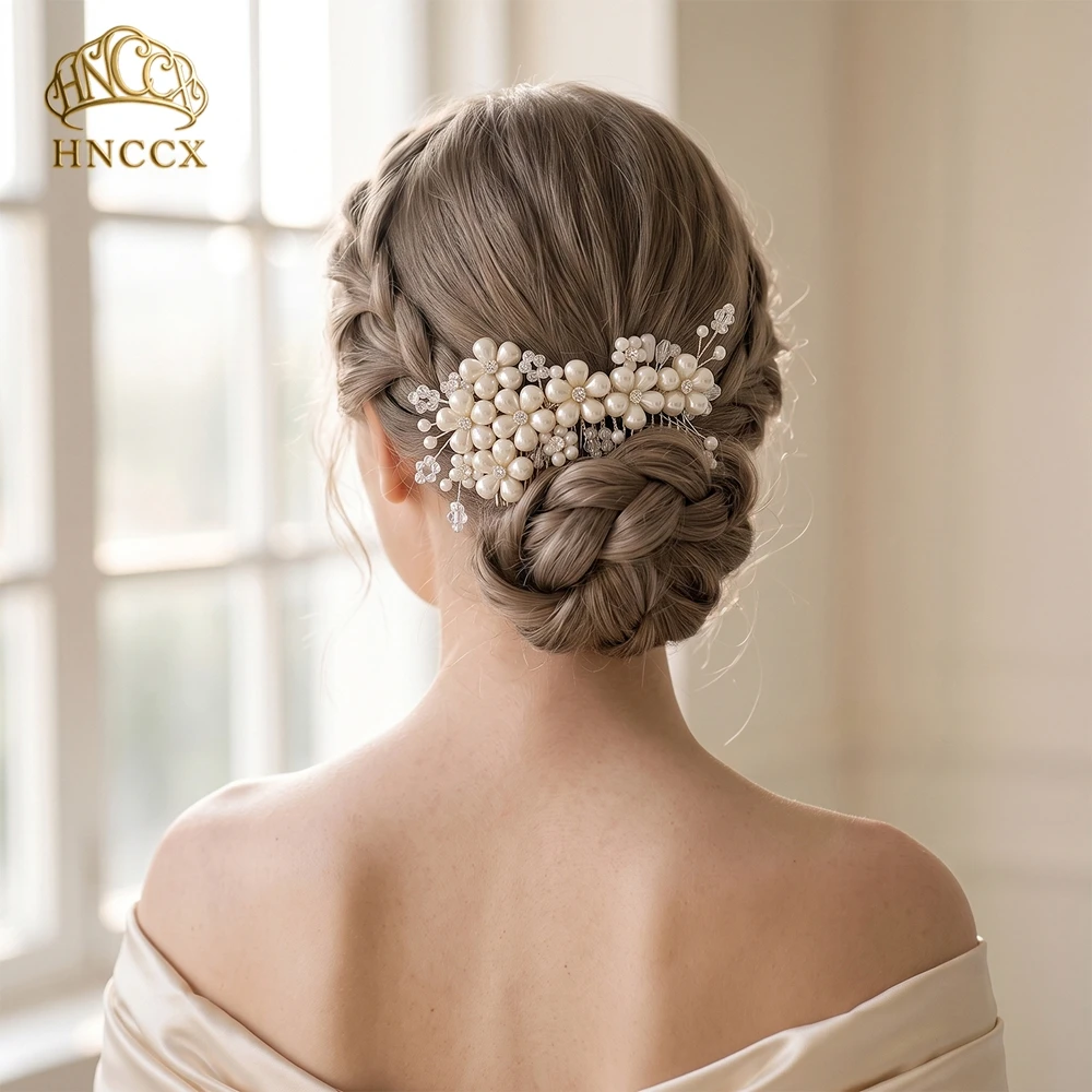 Afbeelding 3: HNCCX Elegante bruidsbruiloft parel haarkam Handgeweven prachtige damesbanket dansfeest alledaagse haaraccessoires HP05