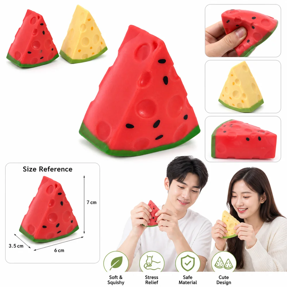 New TPR Watermelon Squishy Toy Red Watermelon Pattern Squeeze Toy Triangle Shape Soft Squeeze Triangle Cheese Squishy Fidgeting