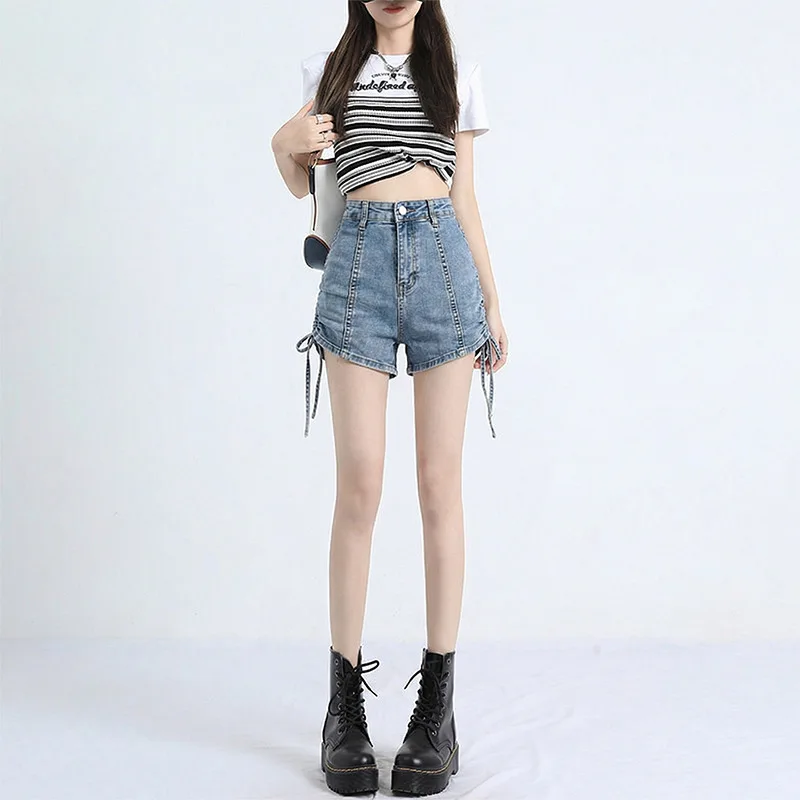 Pleated Strap Design High Waist Elastic Denim Shorts Women's Summer New Slim-fitting Versatile Wide-leg Hot Pants
