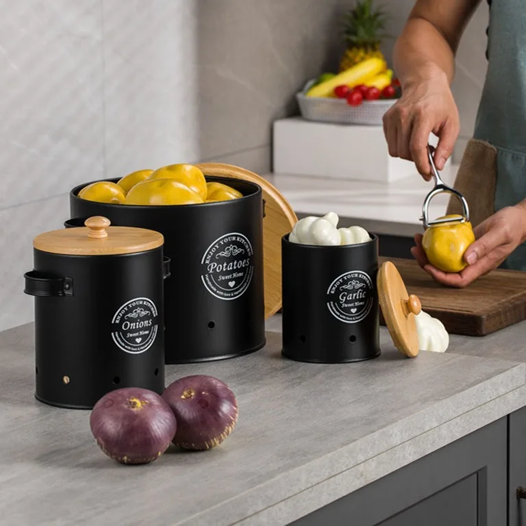 3PCS Kitchen Potato and Onion Storage Bucket Garlic and Potato Breathable Storage Box Set of Metal Cans with Wooden Lids