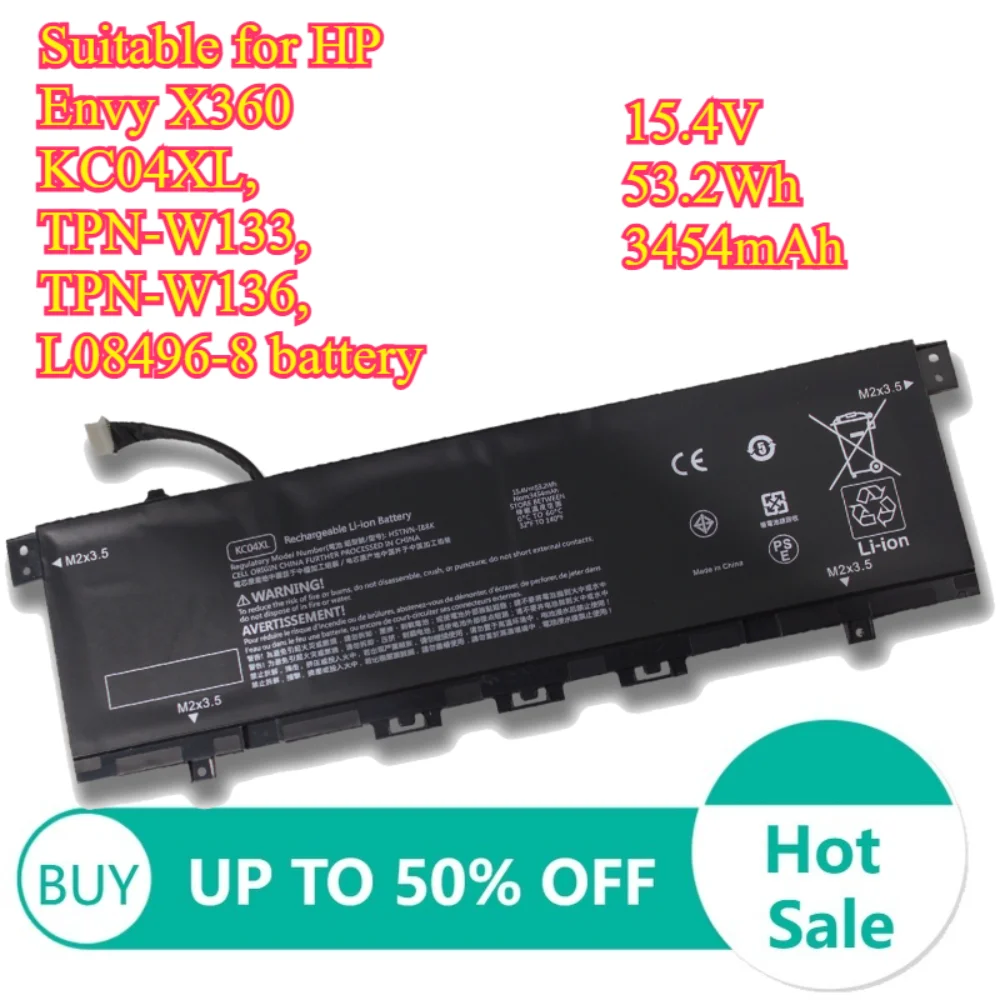 

Аккумуляторы для ноутбуков 15.4V 53.2Wh 3454mAh, подходят для HP Envy X360 KC04XL TPN-W133 TPN-W136 L08496 - 8 батарей