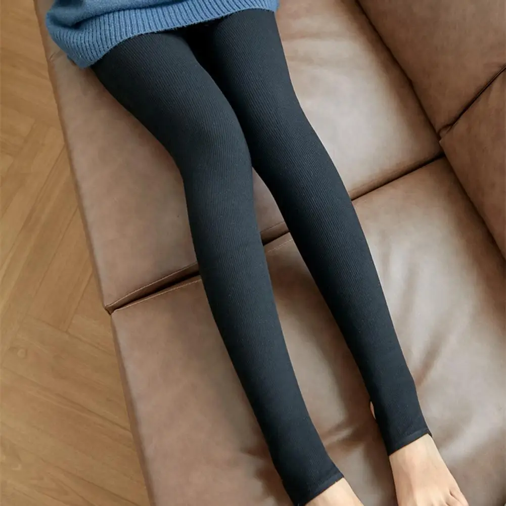 Thickened Leggings Women High Waist Elastic Waistband Ribbed Pantyhose Autumn Winter Solid Color Fleece Lining Warm Leggings