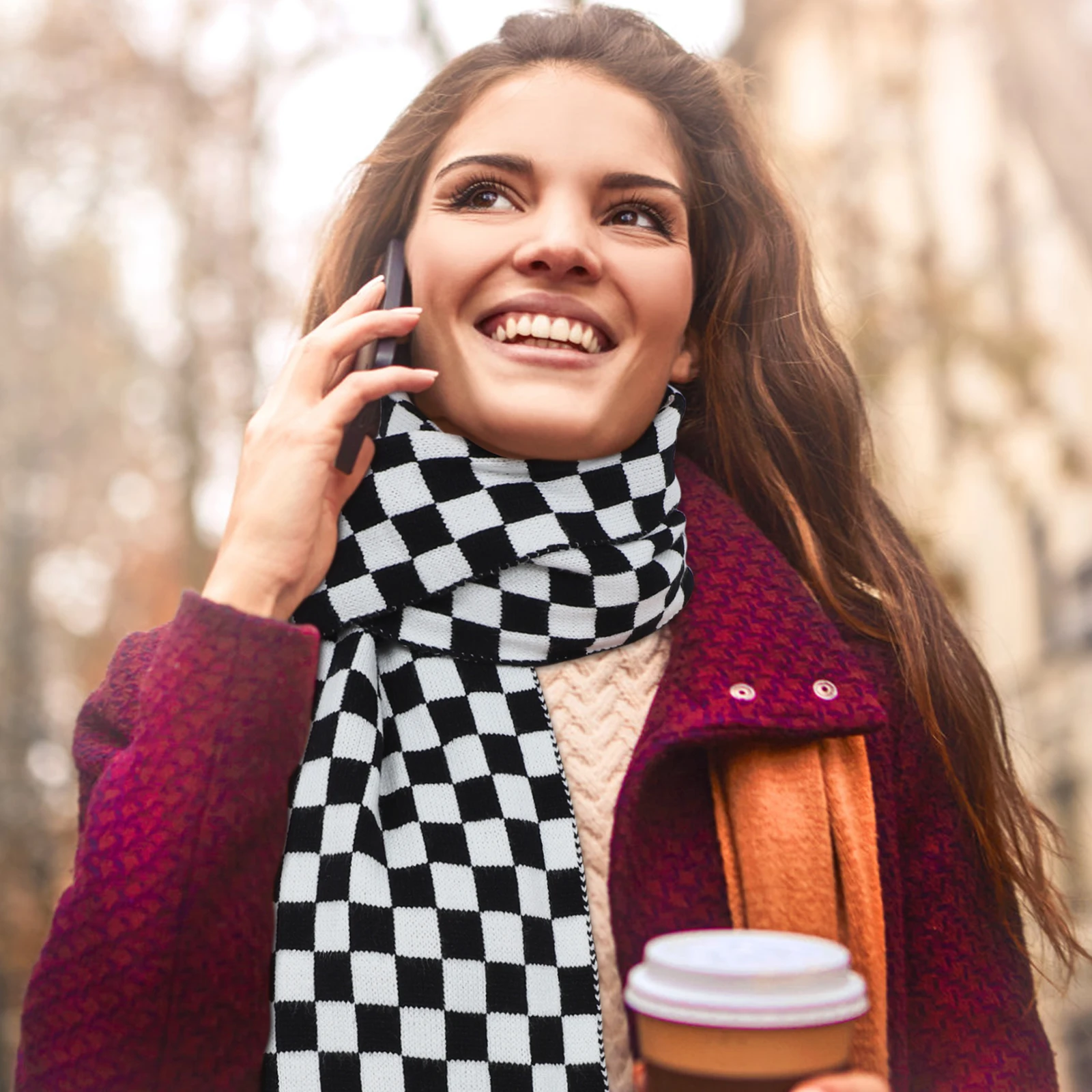 

Black White Checkerboard Scarf Cashmere Women Silk Fular Warm Shawl Plaids Printed Lightweight Breathable Anti Allergy Outdoor