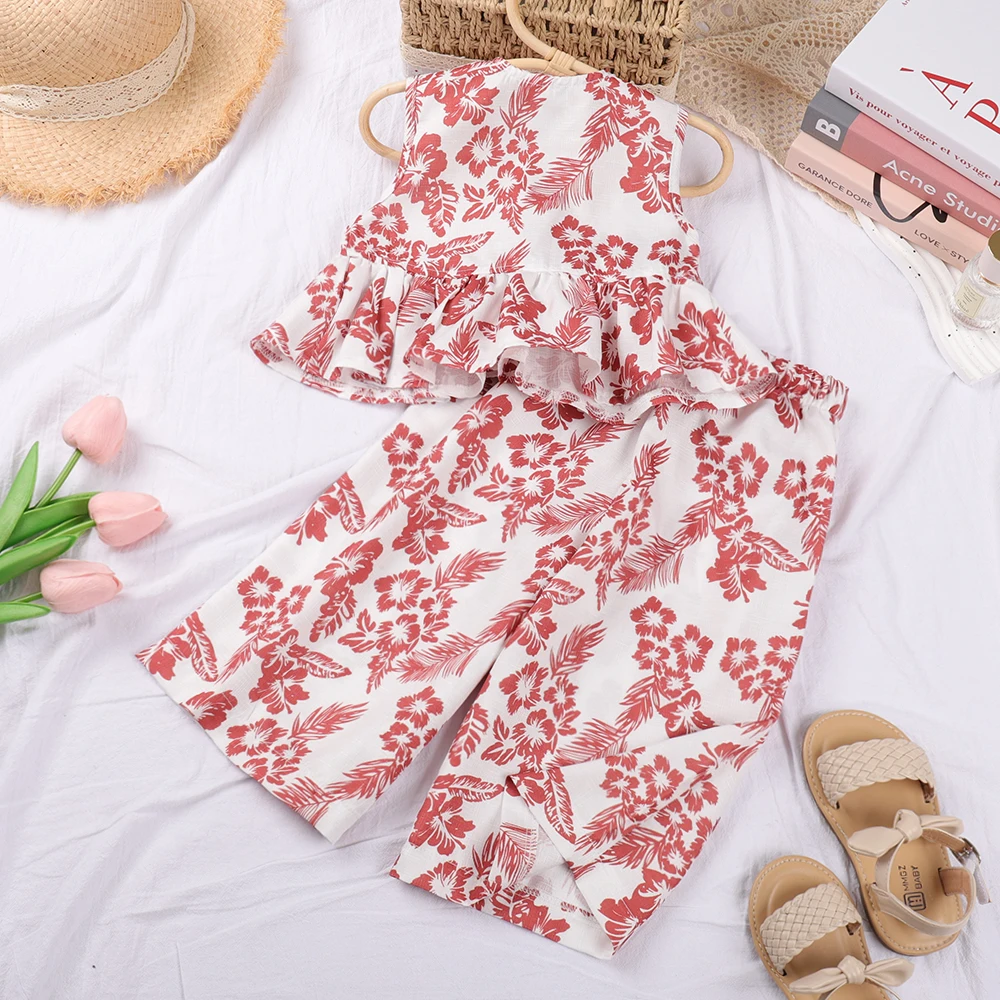 Summer New Fashionable Girl Sleeveless Printed Shirt+Wide Leg Pants Set with Retro Flower Style Two Piece Girl Clothing image 4