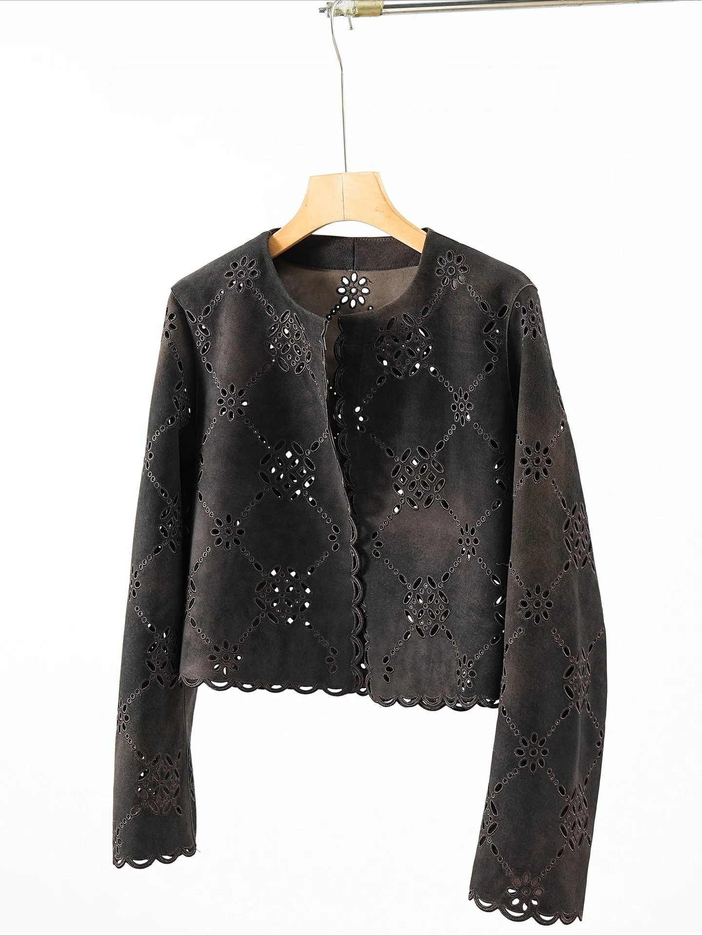 Women's Genuine Suede Kid Leather Jacket 2025 Flower shaped Hollow-out Premium Vintage Fashion Coat round neck