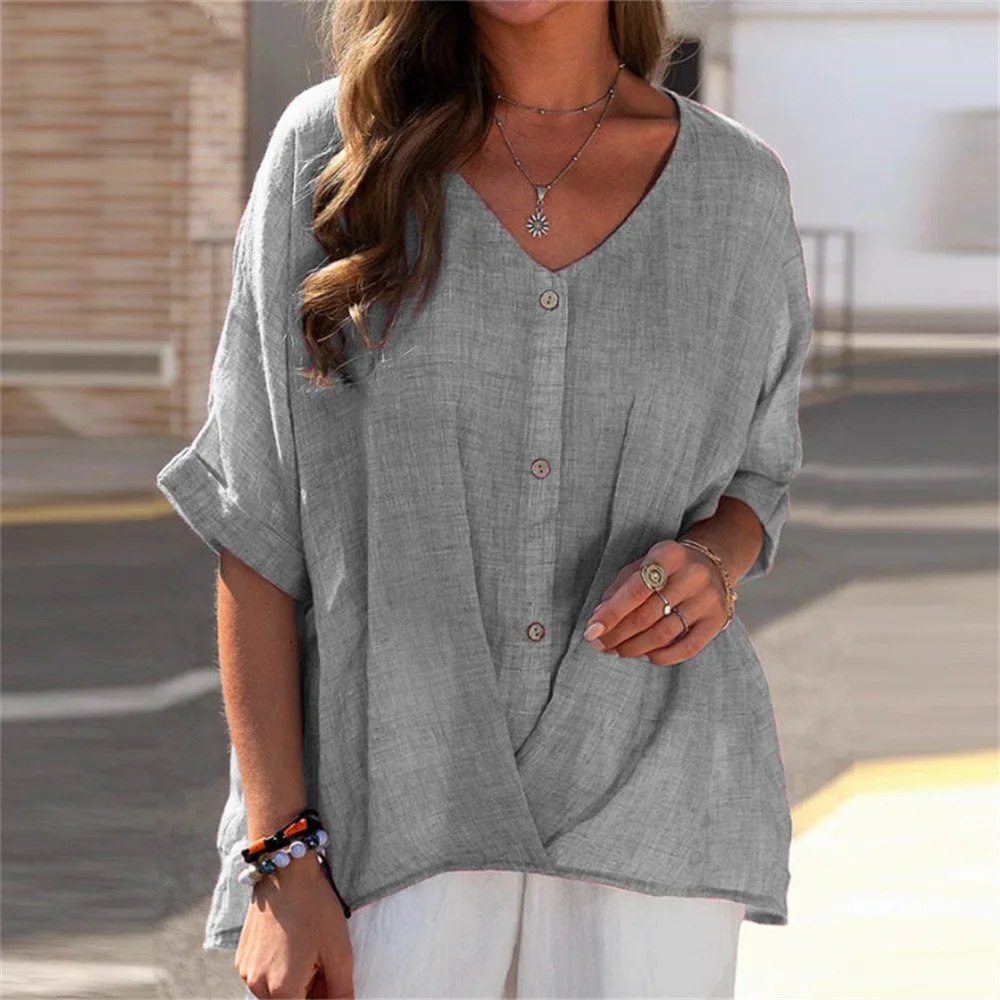 Verão casual cor sólida linho algodão blusa feminina elegante decote em v camisa de manga curta moda senhoras topo e blusas streetwear