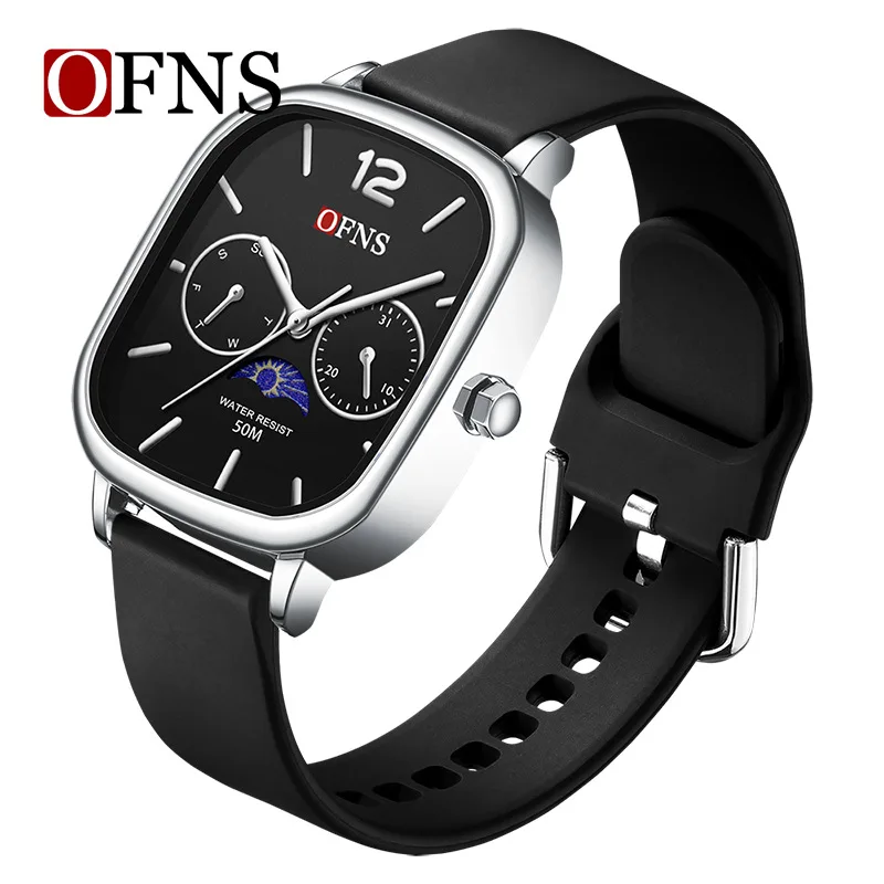 

2026 Fashion Ofns Square Quartz Watch For Men, Waterproof Casual Student Wristwatch With Date And Moon Phase, Fashion Male Clock