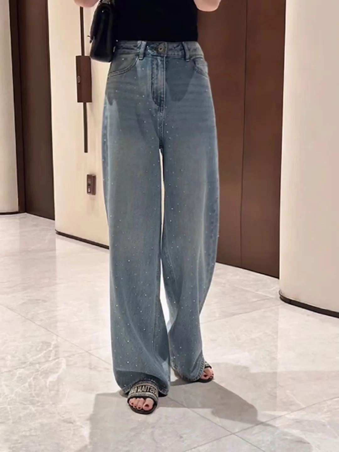 

Джинсы с высокой талией, повседневные, из денима, с блестящими стразами, простой дизайн, корейский стиль, лето-осень, новинка, женская мода