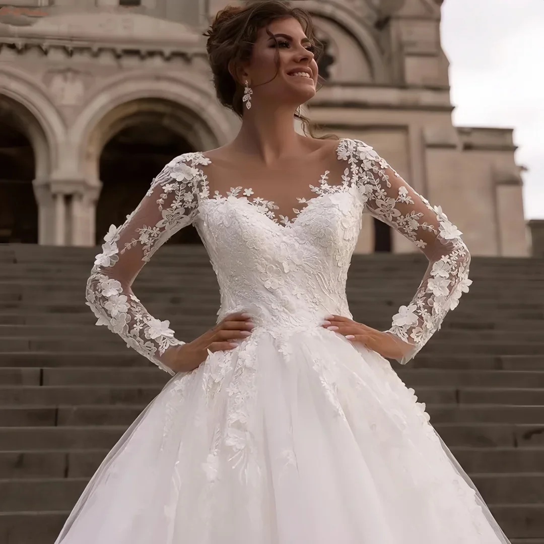 Customized Exquisite Charming Wedding Dresses Organza Embroidery Princess Ball Gown Full Sleeve Bride Backless Vestido De Novia