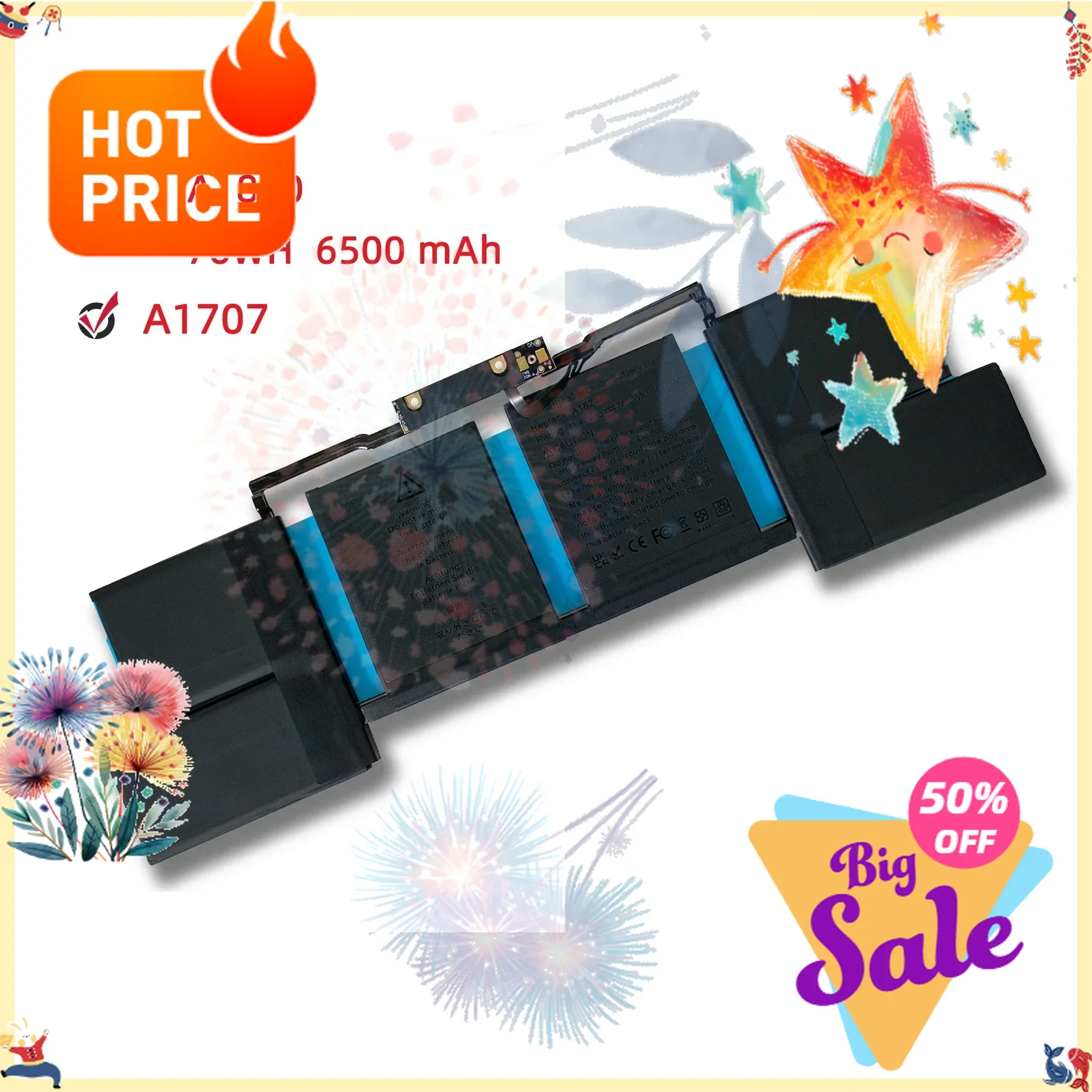 NEW 7.6V 6500MAH A1707 A1820 Battery Replacement For MacBook Pro 15 Inch 2016 2017 Touch Bar Version Model A1707 EMC 3162 3072 I