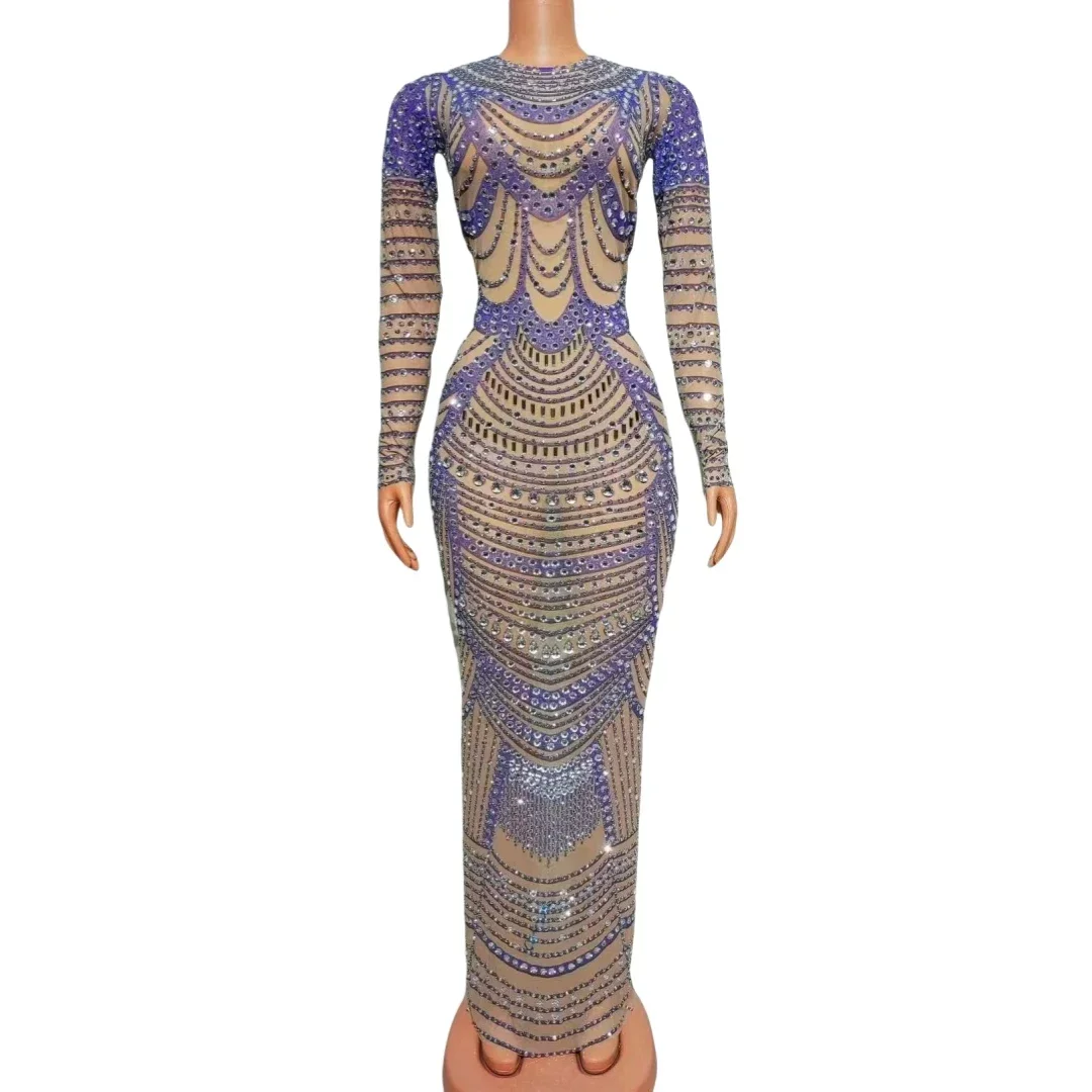 Celebrity Sparkly Women Birthday Hot Drilling Process Rhinestone Stretch Dress Performance Stage Wear