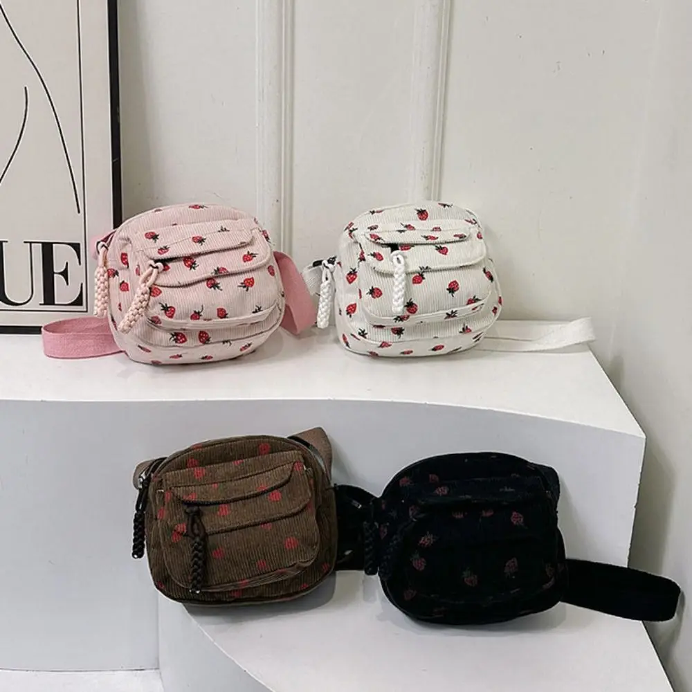 

Large Capacity Strawberry Crossbody Bag Printing Korean Style Women Shoulder Bag Zipper Messenger Bag Corduroy Handbag Travel