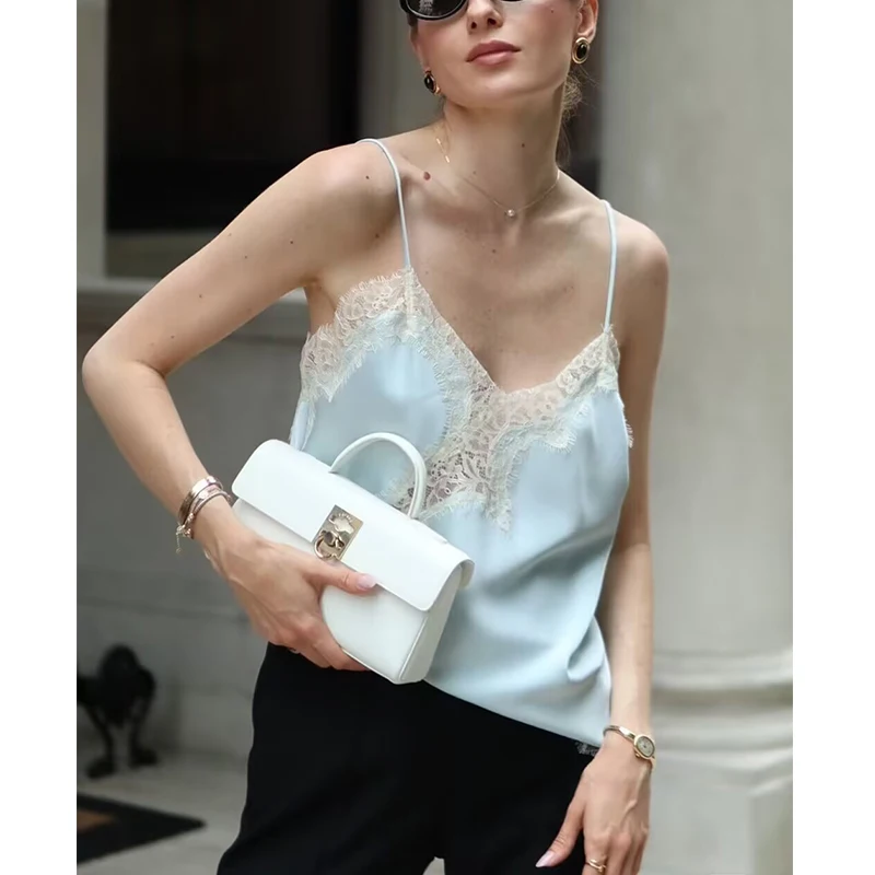 2025년 여름 여성용 신상 시크 레이스 슬림 V넥 슬링 엘레강스 여행 조커 탑 여성 여름 패션 청춘 스트릿 탑