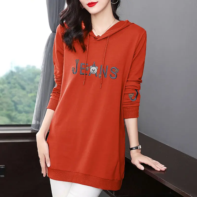 Fashion Loose Printing Lace Up Hooded T-Shirt Women\'s Clothing 2023 Autumn Winter Oversized Casual Pullovers Commuter Tee Shirt