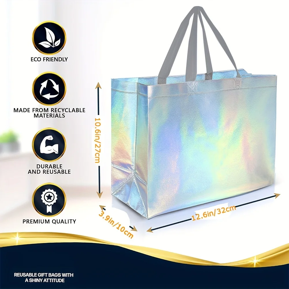 20pcs, Iridescent Gift Bags Small Size, Stunning Holographic Gift Bags With Black Handles, Perfect As Goodie Bags, Birthday Bags