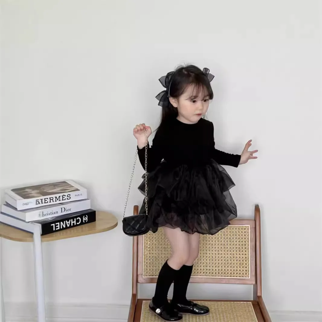 Spring Autumn Long-sleeve Puffy Princess Dress Girls Student Tulle Dress Baby Lightweight Comfortable Children Kids Casual Dress