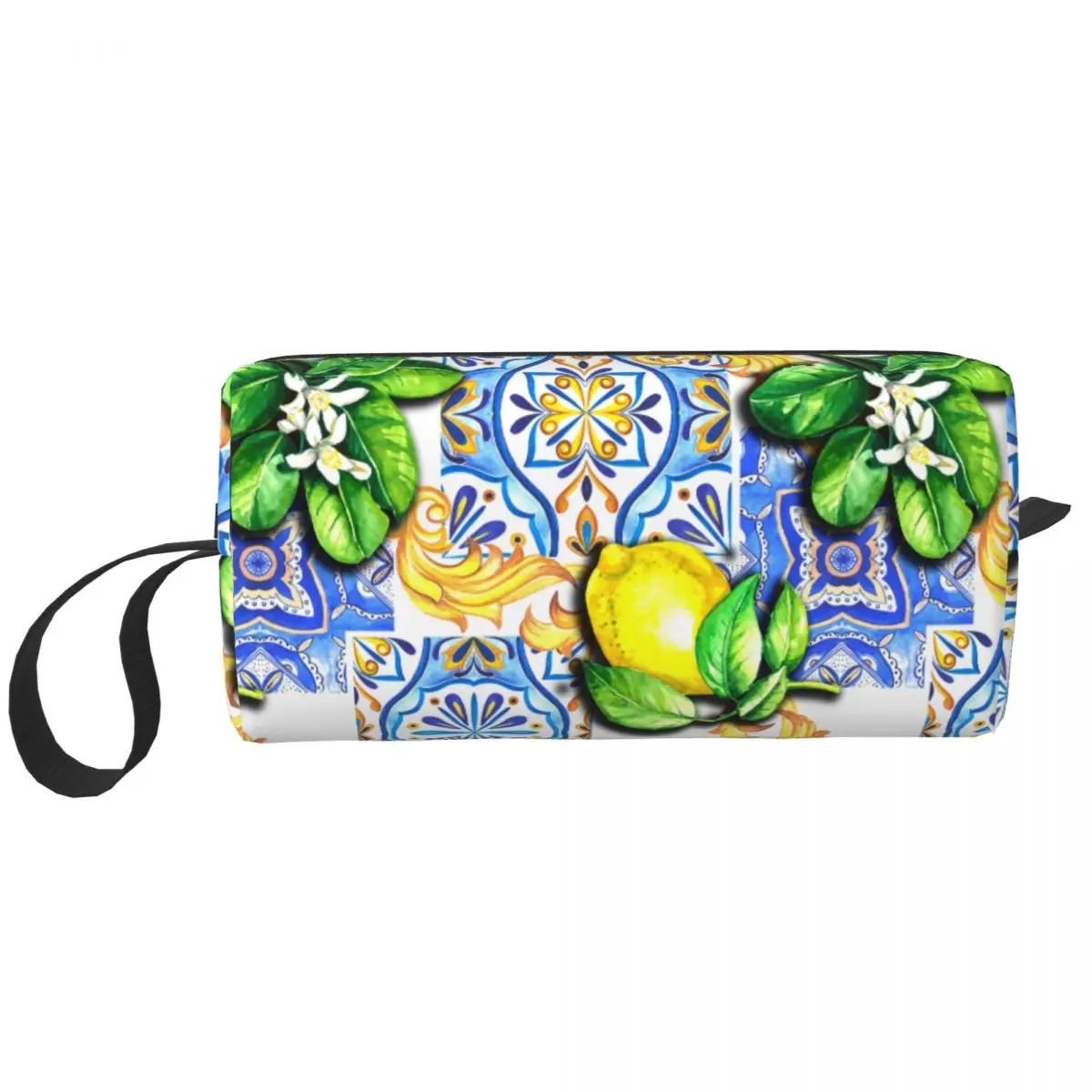 Custom Mediterranean Summer Fruit Lemons Tiles Toiletry Bag Women Makeup Cosmetic Organizer Lady Beauty Storage Dopp Kit Case