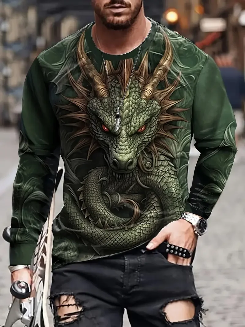 

Men's Vintage Print T-Shirt Fashion Cool Gothic Style Long Sleeve Pullover Loose Crew Neck Comfortable Quick Dry Clothes For Men