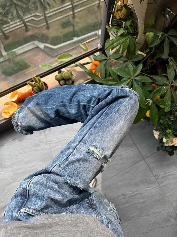 

Джинсы-брюки унисекс с рваными элементами и принтом «Голубая молния», размер 300, в стиле хип-хоп, прямые, повседневные