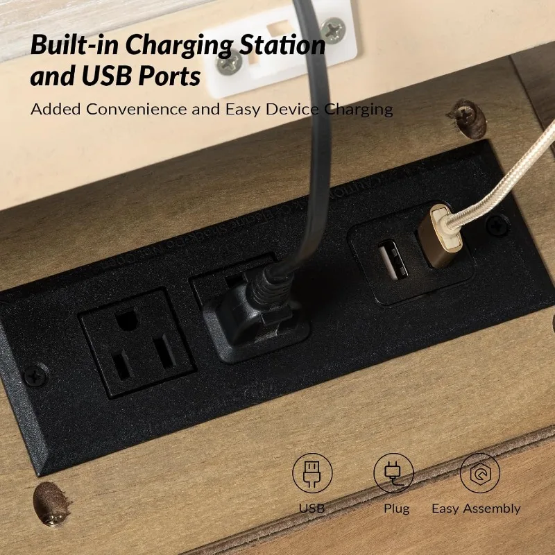 منضدة مزرعة 3 أدراج مع صينية، منظم أدراج بأرجل خشبية صلبة، منضدة مع محطة شحن (Nat)