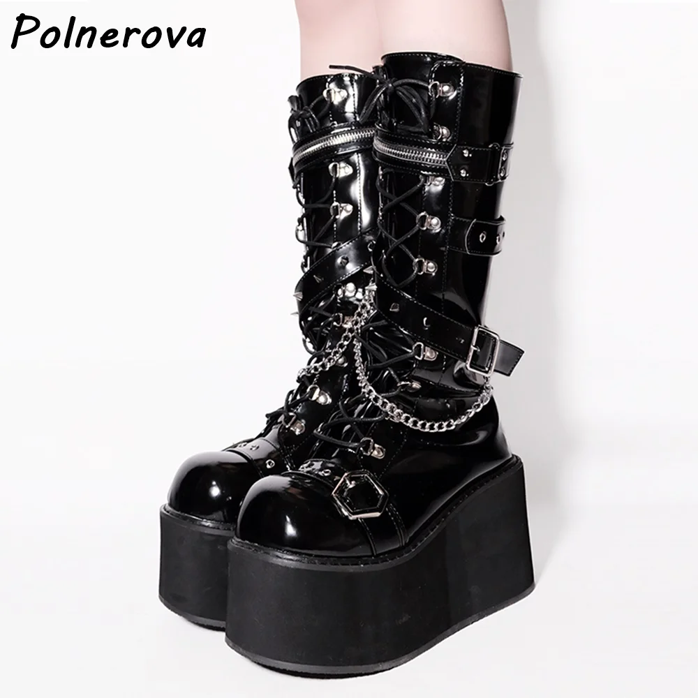 Black Platform Metal Chain Boots Buckle Strap Cross Tied Lace Up Leather Fashion Shoes Women's Winter Fashion Dark Punk Shoes
