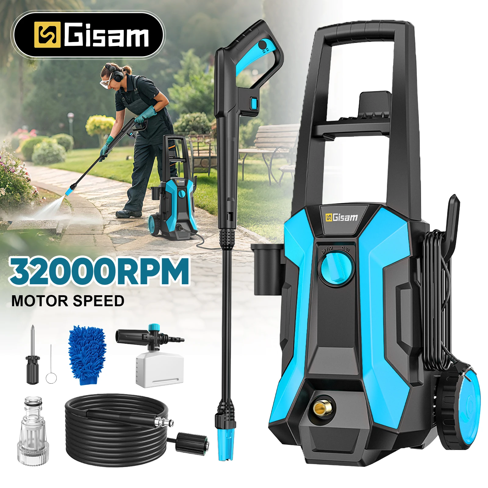 Idropulitrice Elettrica ad Alta Pressione Gisam 200Bar 32000RPM 2900PSI 2200W Pistola Idropulitrice per Auto 180 ° Pistola a spruzzo per il lavaggio di giardini e cortili, con tubo da 8 metri,