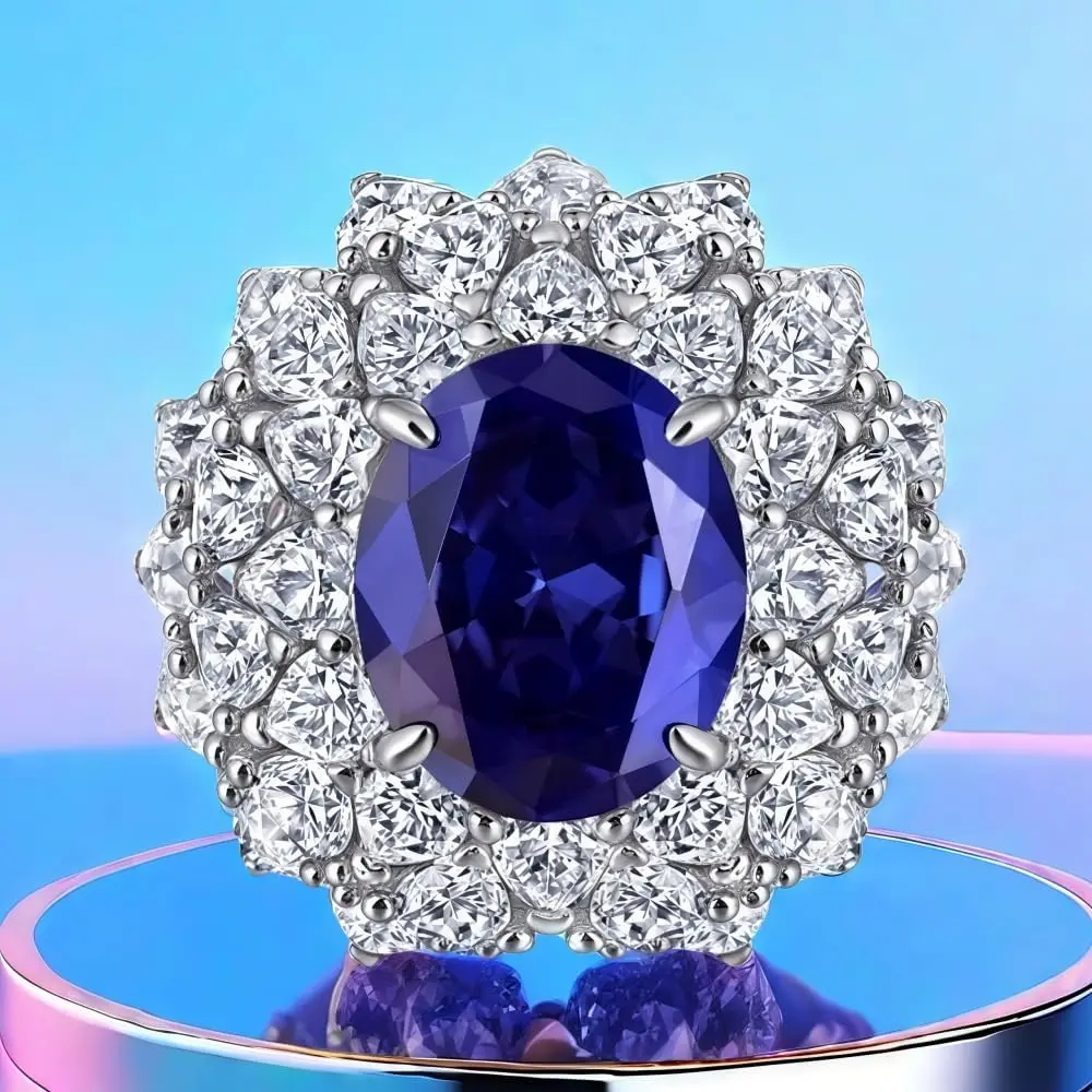 S925  Silver 6CT Simulated Sapphire Stone Promise Wedding Engagement Anniversary Bithday Ring for Women as Jewelry Gifts