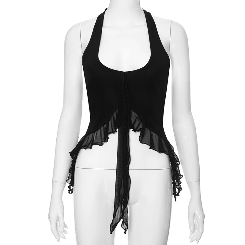 OMSJ Summer Black canotte Sexy senza maniche Hot Girls allacciatura Camis Halter Ruffles nappa Design Chic Open Back Cropped Top gilet