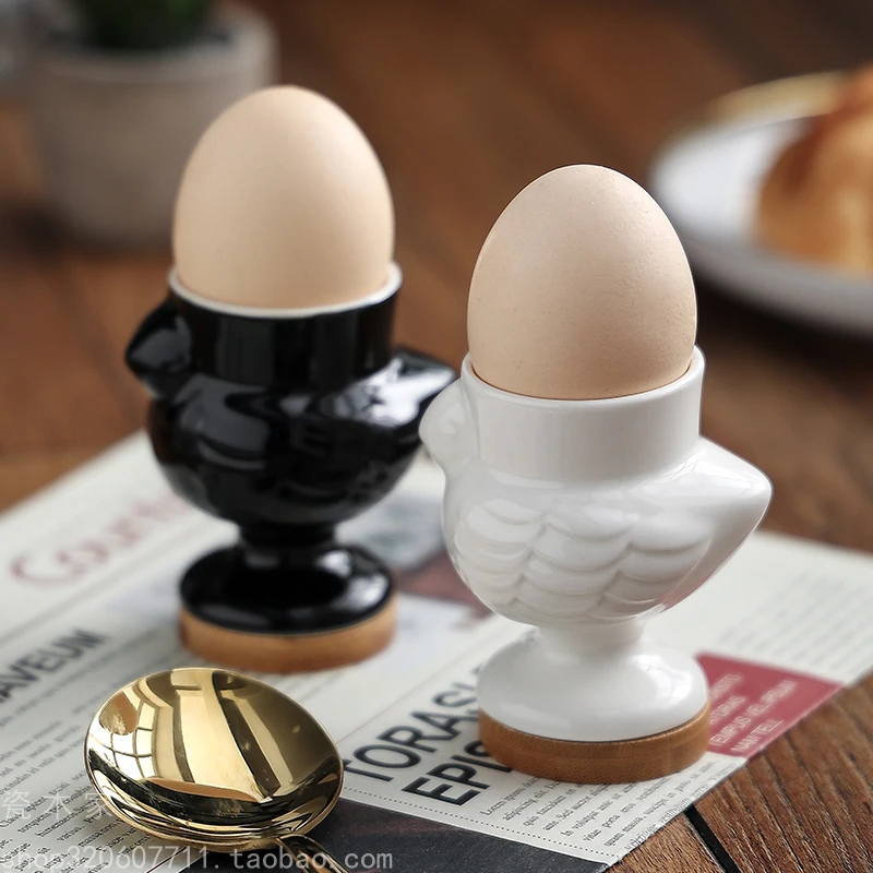 

New Product Ceramic Egg Cup Egg Rack Creative Breakfast Home Nordic Egg Cup Tray with Solid Wood Chassis Desktop Decorations