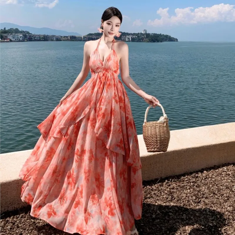 Falda grande de estilo bohemio, vestido de vacaciones junto al mar con estampado de flores, vestido con cuello en V para mujer, vestido largo de playa de verano 2025