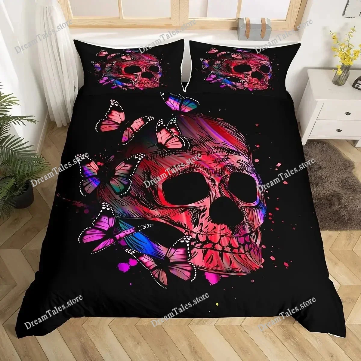 

Gothic Sugar Skull Bone Bedding Set Skeleton Hand Comforter Cover Rose Leaves Romantic Flowers Home Textileextile Luxury Gift