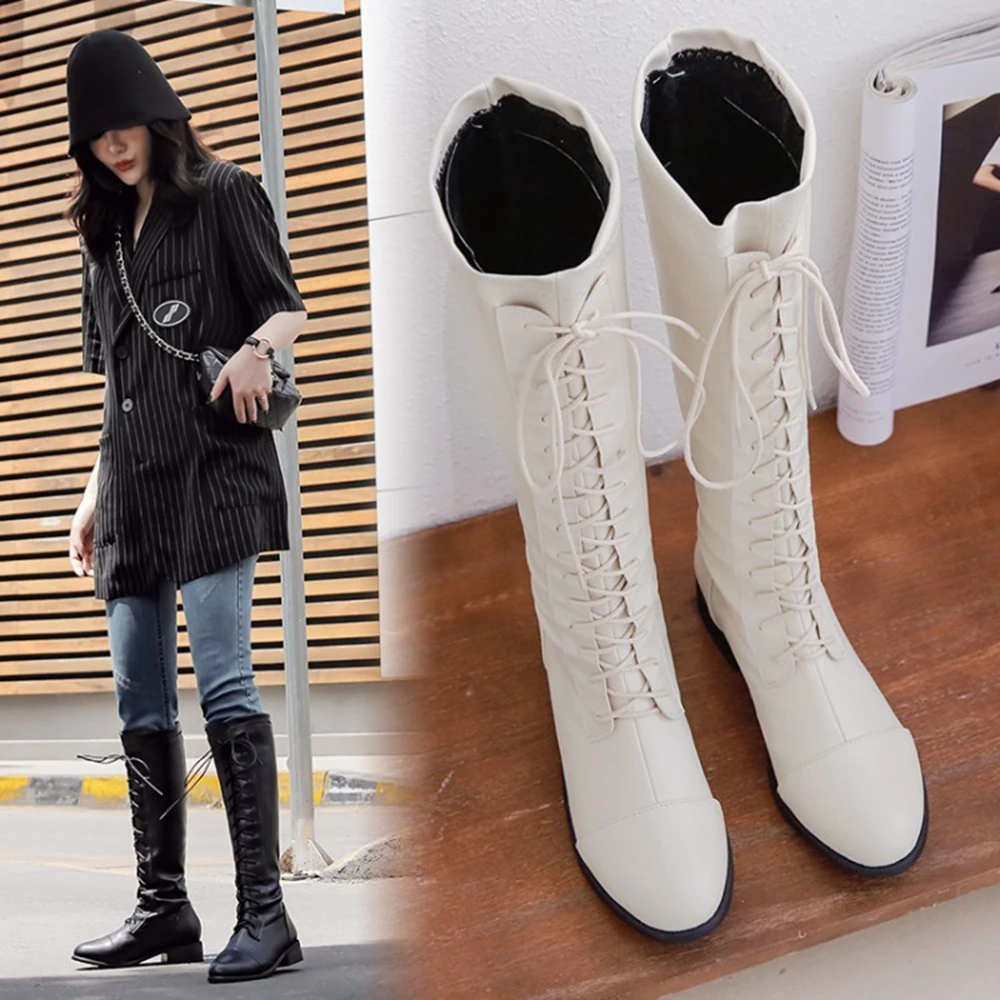 Botas De Mujer 2023 Big Size 54 Knee High Boots Women Med Heels Platform Lace Up Autumn Winter Plush Warm black Boots 20-17