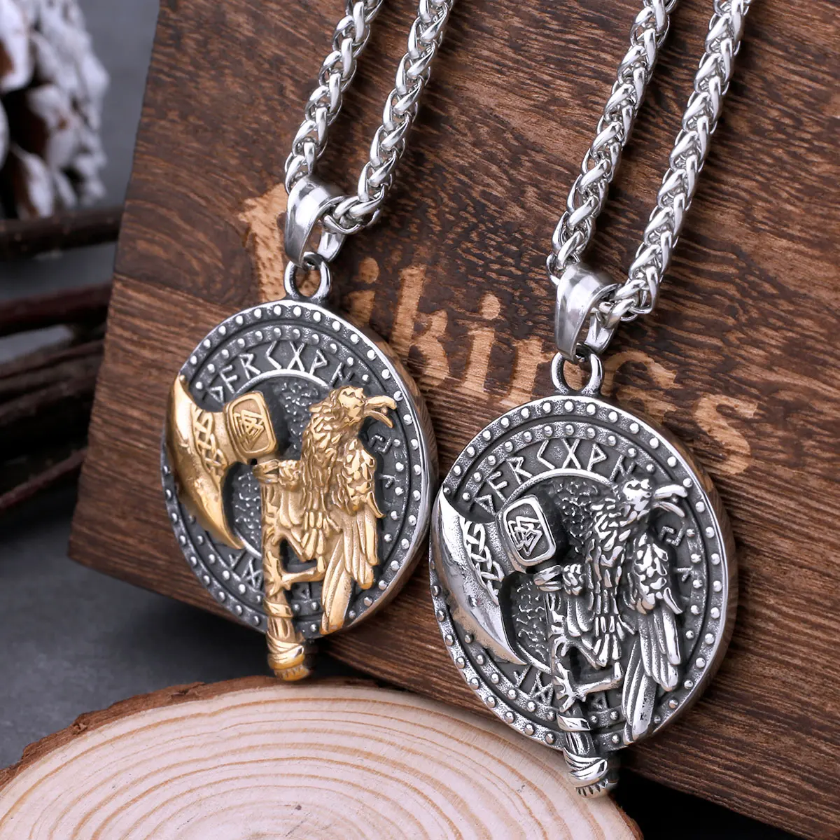 Vintage Nordic Vikings Odin Raven Axe Rune Necklace Men Stainless Steel Fashion Hip Hop Pendant Necklace Punk Biker Male Jewelry