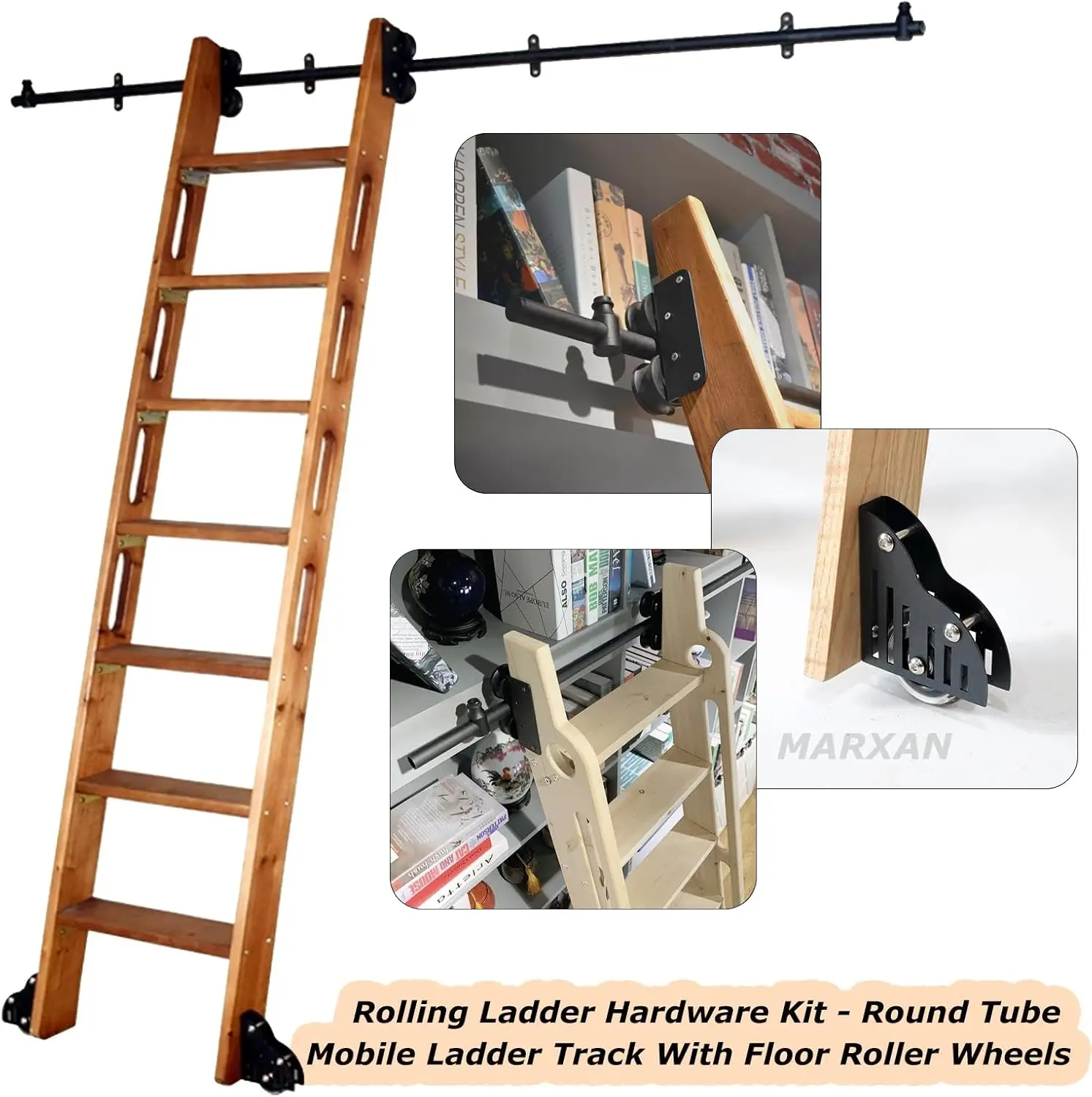 3.3Ft-24Ft Sliding Library Ladder Hardware With Floor Roller Wheels, 200Cm 300Cm 400Cm 600Cm Library Rolling Hardware Kit For