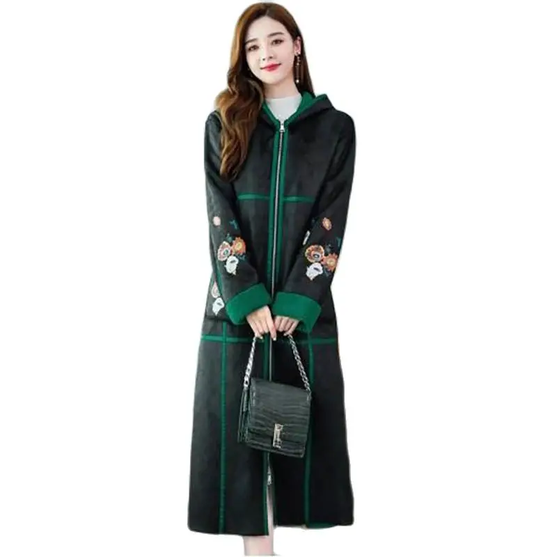 Winter Fashion New Chinese Style Retro Printed Fur Mid-length Loose Temperament Coat Warm Pocket