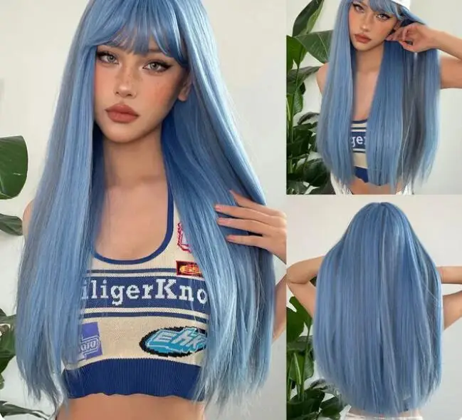 Long Straight Synthetic Wig Black Daily Use Wigs with Bangs for Women Heat Resistant Fibre Cosplay Lolita Party Natural Hair