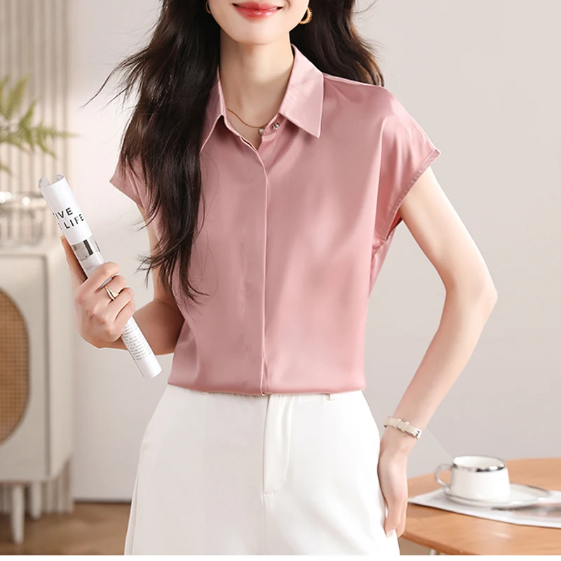 

Women's Sleeveless Lapel Satin Shirt Summer Solid White Blouses Office Lady OL Style Formal Tops Fashion Basic Clothing