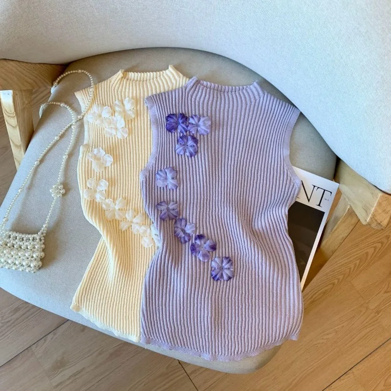 Autumn New Temperament Pitted Vest Suspender Women's Tight Three-dimensional Flower Ice Silk Knitted Top for Outer Wear