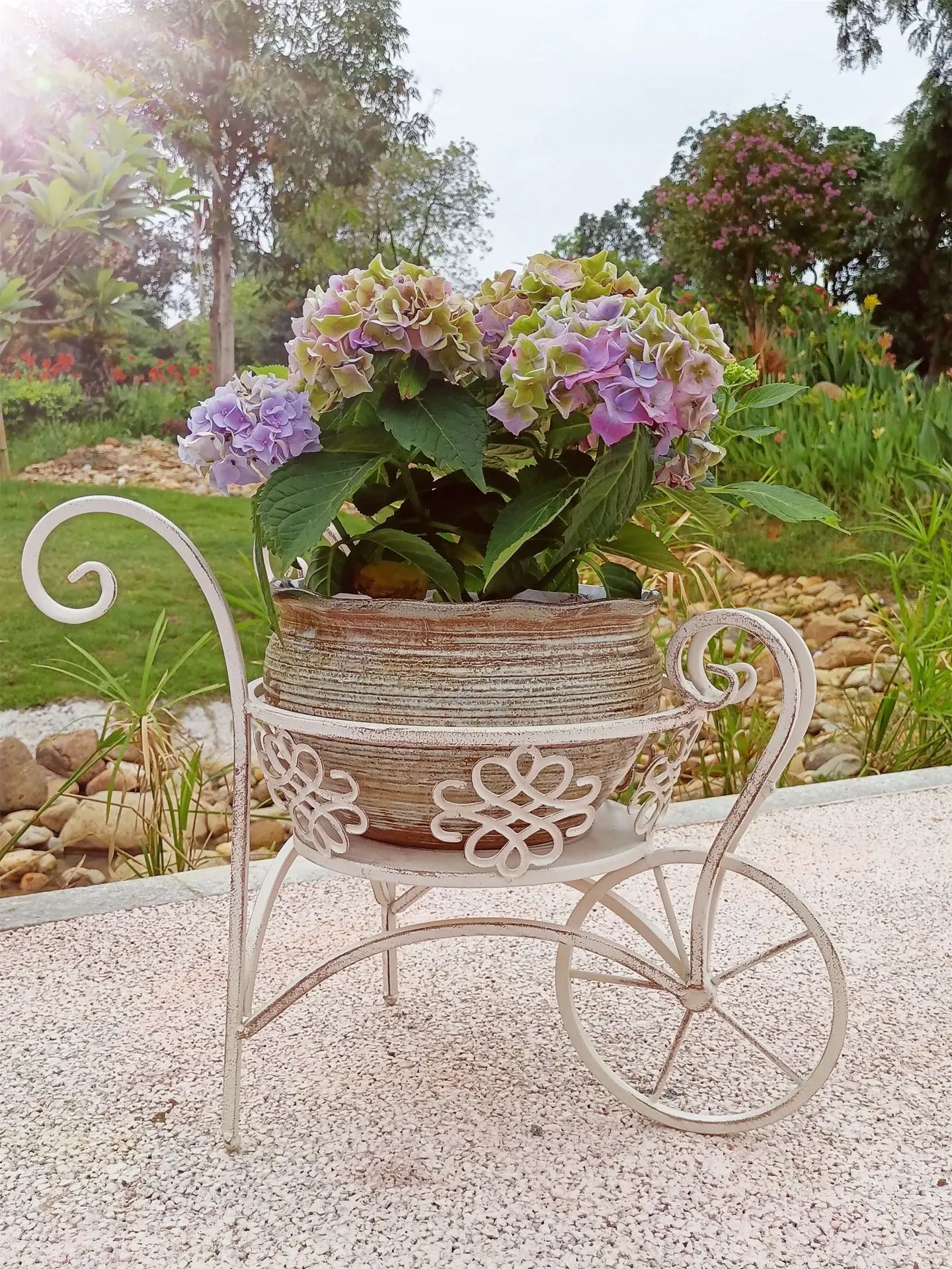 Iron Trolley Cart Style Flower Planter Pot Stand Garden Ornament White | Green