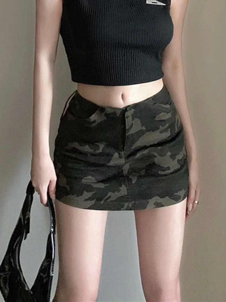 Zoki Camouflage Cargo Skirt Women Streetwear Y2K Sexy Mini Skirt American Vintage High Waist Casual Female Slim Skirt Summer New